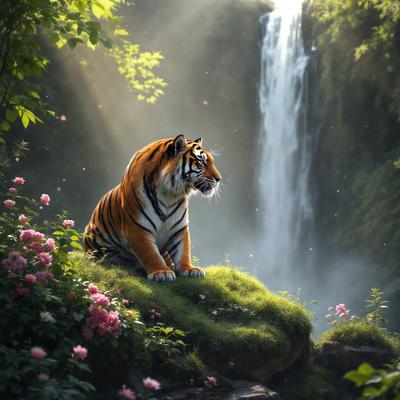 Primary subject: A tiger sitting on a grassy hillside.

Setting/background: The tiger is sitting on a grassy hillside with a waterfall in the background.

Visual style: The image is a digital art illustration.

Colors and mood: The image has a vibrant and lively atmosphere, with the tiger's orange and black fur contrasting against the green grass and the blue-green waterfall.